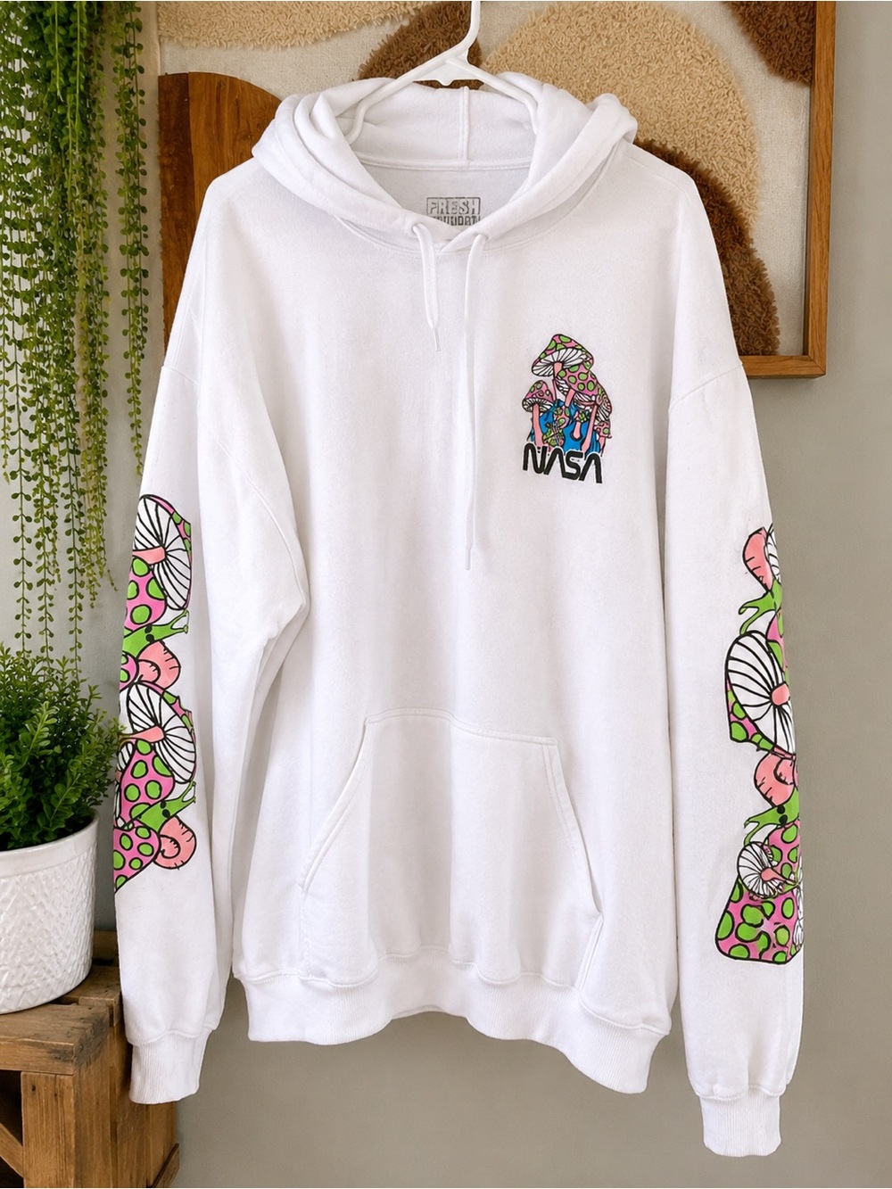 Fresh Laundry NASA Mushroom Graphic Hoodie White Oversized Unisex 2XL